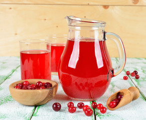 Cranberry juice in a jug on a white table
