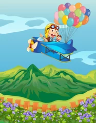 Abwaschbare Fototapete Flugzeuge, Ballon Affen in einem Flugzeug mit Luftballons