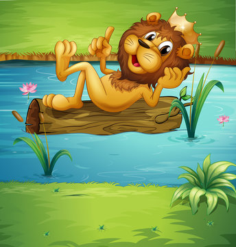 A smiling lion on a dry wood