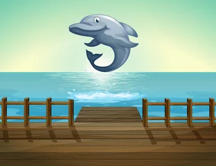 Poster Een springende dolfijn en zeehaven © GraphicsRF