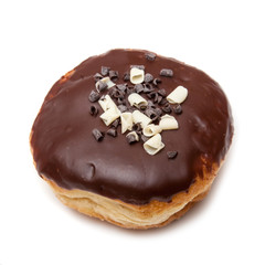 Chocolate iced donut on a white studio background.