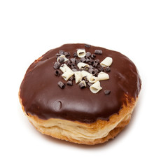 Chocolate iced donut on a white studio background.