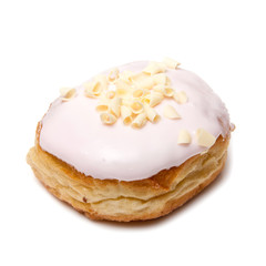 Iced donut on a white studio background.