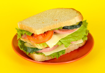 Sandwich on plate on yellow background