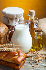 fresh bread and wheat on the wooden