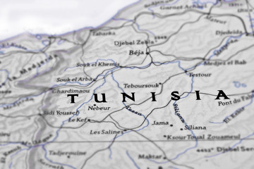 Old paper world map. Tunisia