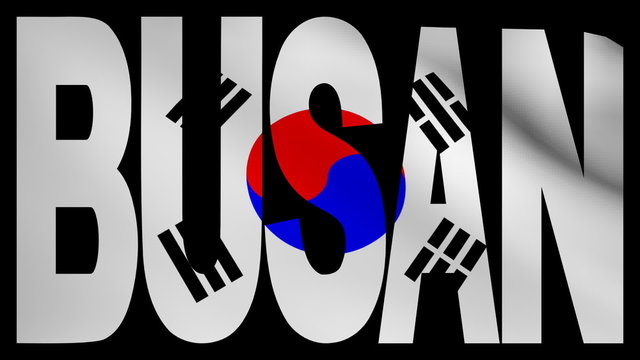 Busan text with fluttering South Korean flag animation