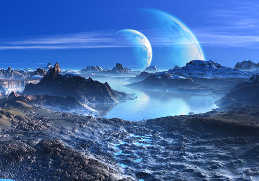 Blue Planets in Orbit over Mountains and Lakes
