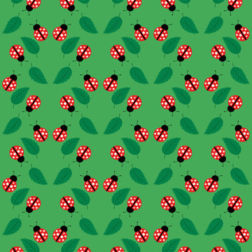 Seamless pattern with ladybugs and leaves