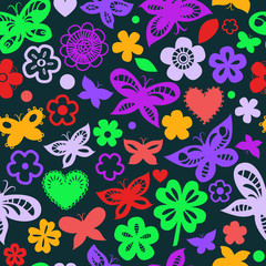 Naklejka na ściany i meble Colorful butterflies on black seamless pattern, vector