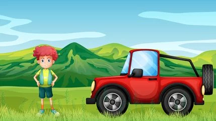  Een rode jeepney en een jongen in de heuvels © GraphicsRF