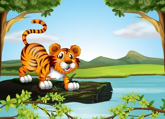 Rolgordijnen Een stam van een boom drijvend in de rivier met een tijger © GraphicsRF