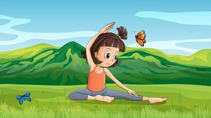 Poster Vlinders Een meisje dat yoga doet in de buurt van de heuvels