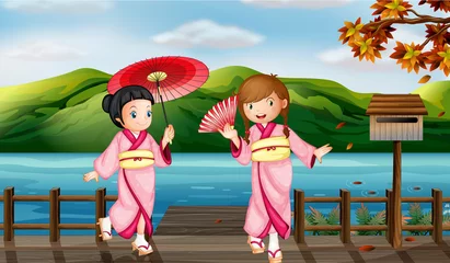 Raamstickers Meisjes die kimono dragen © GraphicsRF