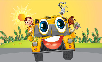 Un bus scolaire avec des animaux