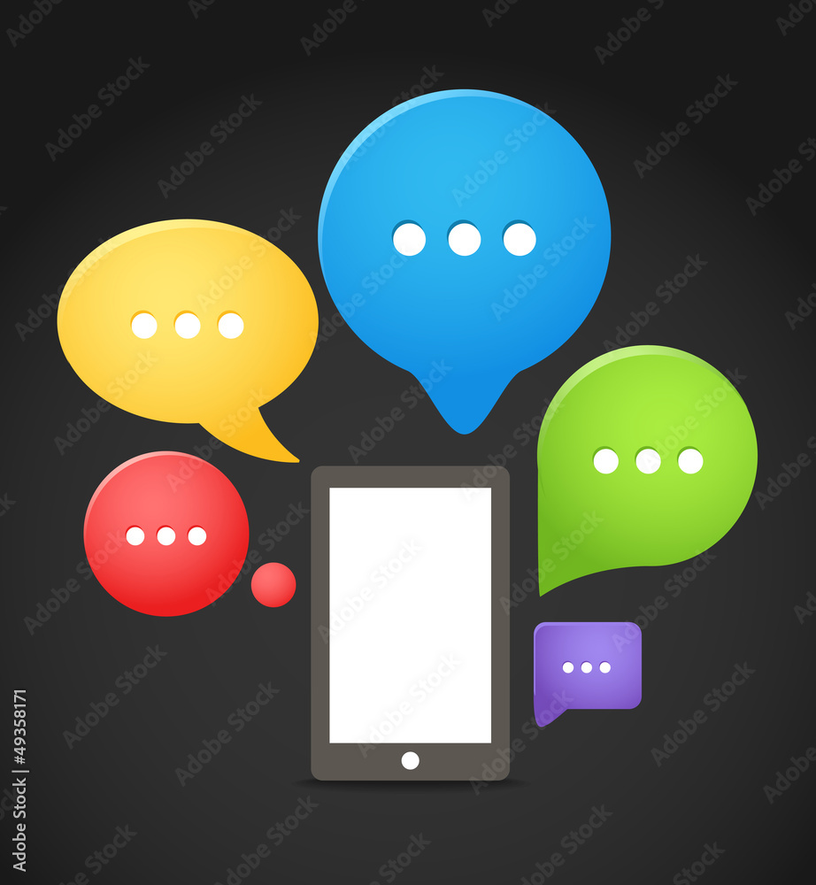 Poster Modern mobile phone with group of color speech clouds