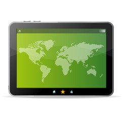 Black tablet like Ipade on white background and world map