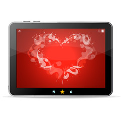 Black tablet like Ipade on white background ang heart on red