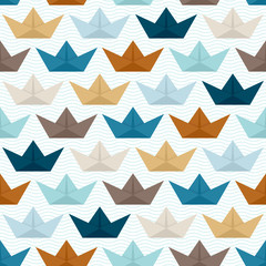 Seamless Pattern Paperboats Waves Retro