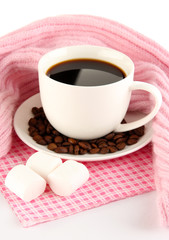 cup of coffee with scarf isolated on white