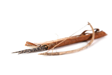 Old decorative bow, quiver and arrow on the white background - 49369583