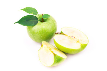Fresh green apple with leaves