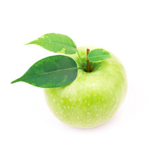 Fresh green apple with leaves