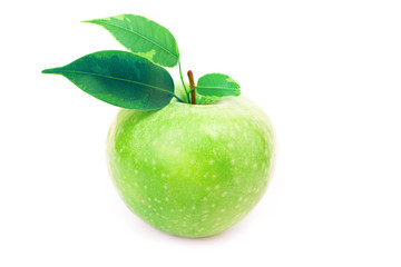 Fresh green apple with leaves