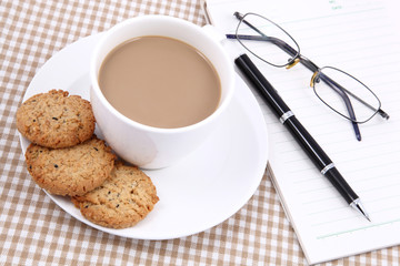 Blank Notebook, Pen and cup of coffee