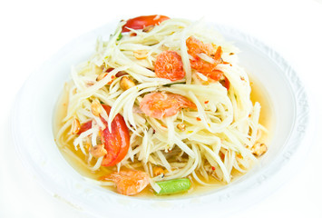 Somtum Thai food and spicy food on a white dish