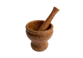 Wooden mortar and pestle isolated on white with path