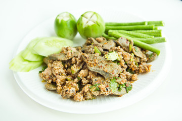 Thai Spicy minced pork salad on white plate
