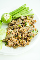 Thai Spicy minced pork salad on white plate