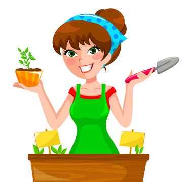 gardening woman holding plant and trowel clip art preview