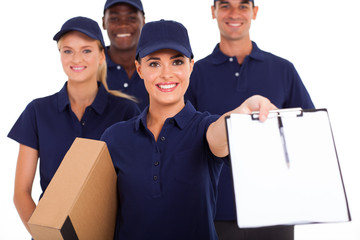 group of professional courier service staff with parcel