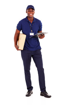 African American Delivery Guy With Parcel And Clipboard On White