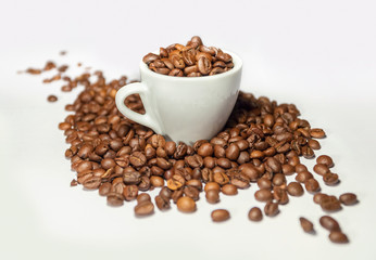 Coffee beans and coffee cup background isolated on white