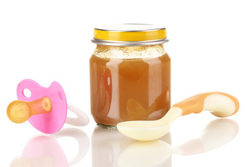 Useful and tasty baby food with beige small spoon isolated