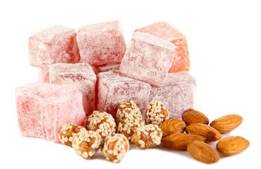 rahat lokum and nuts isolated on white