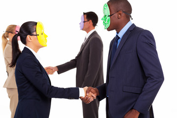 business people with mask handshake on white - Powered by Adobe