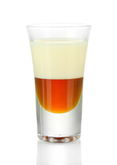 Tasty cocktail with two liquors, isolated on white
