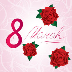 8 march Women's Day card with red lush roses