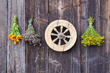 vintage wooden wheel and medical herbs bunch