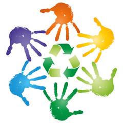 High resolution conceptual circle hand with green recycle symbol