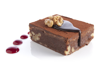 Chocolate brownie with raspberry sauce