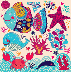 Obraz premium Cartoon vector illustration with fishes