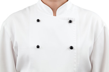 Woman chef in uniform isolated on white background.