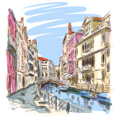 Fototapeta premium Venice - Fondamenta Rio Marin. Vector sketch