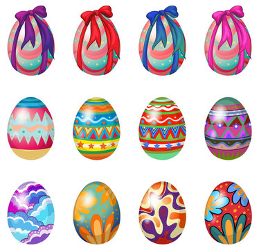 Easter eggs with designs and ribbons