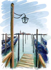 Venice. Street lamp and gondolas on the water